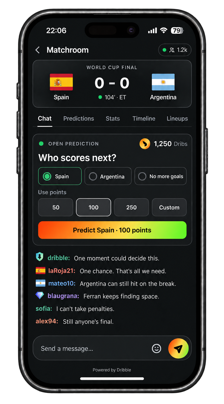 Dribble matchroom with live fan chat and a prediction for Spain versus Argentina